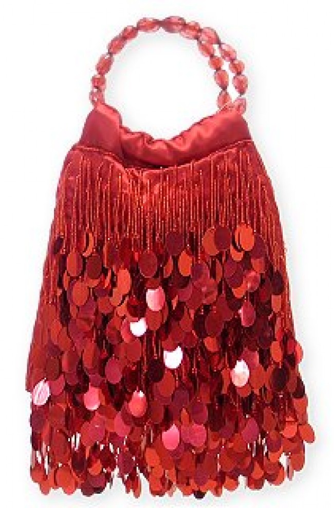 Evening Bag - Dangling Sequined & Beaded &ndash; Red &ndash; BG-80085RD